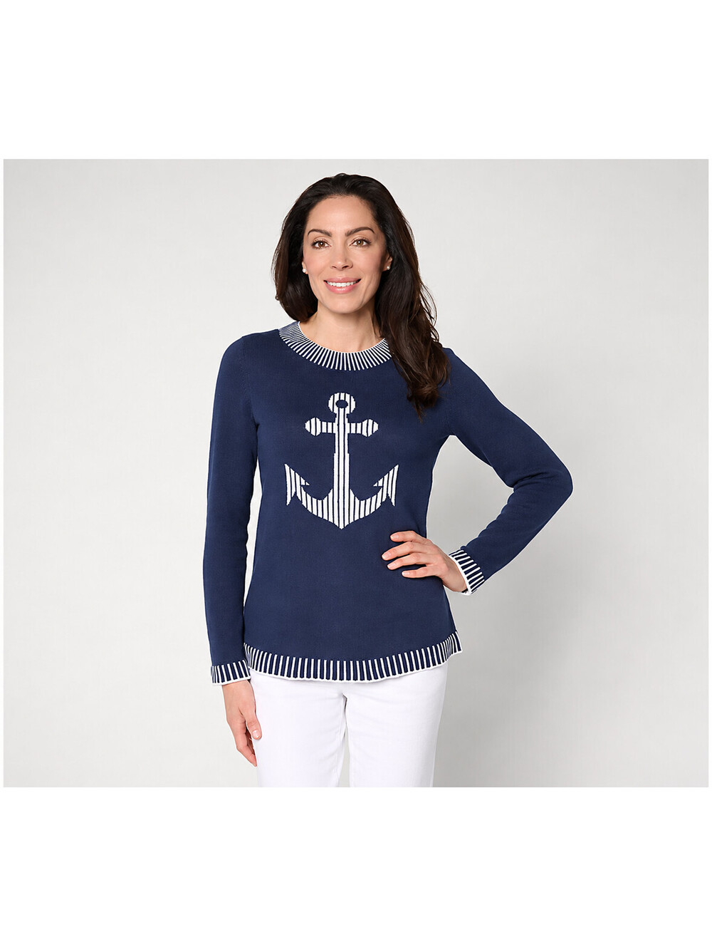 Joan Rivers Intarsia Stripe Anchor Sweater with Rib Detail Navy, X-Small